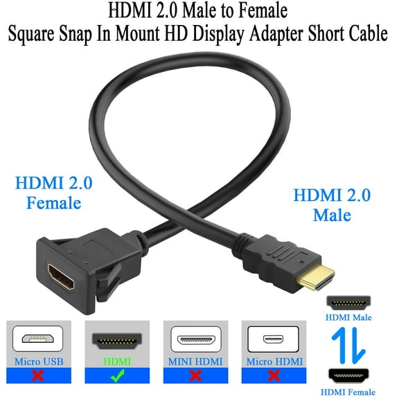 UYGDUY-HDMI 2.0 Square Snap on Mount HD Display Short Cable Connector 4K@60Hz HDMI Male to Female Flush Fixed Mount Adapter Extender, for HDTV Monitor Projector Dashboard Desktop, 30cm/11.8in