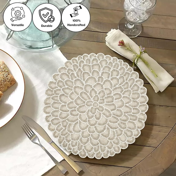 UYGDUY-Handmade Beaded Placemats - 13 Inch Round Dining Table Mats - Elegant Glass Beads with Cotton Backing - Decorative Tableware for Weddings, Holidays, and Home Dcor (Ivory White) - ALPHA Living