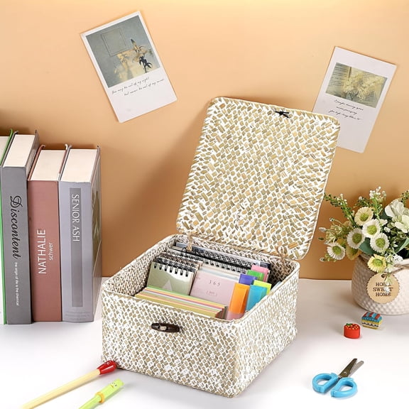 UYGDUY-Handwoven Seagrass Basket with Lid Square Wicker Basket Bin Closet Storage Box Multipurpose Household Organize Container for Home Decor, Small,Whitewash