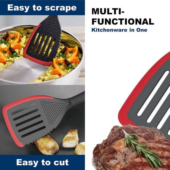 UYGDUY-Heat-Resistant Silicone Slotted Turner with Sawtooth Edge, Multi-Purpose Kitchen Spatula for Non-Stick Pans, Cutting/Grinding Garlic, Eggs, Red