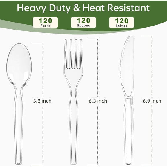 UYGDUY-Heavy Duty Plastic Cutlery Set, 360 Count Disposable Cutlery Set with Clear Forks Spoons and Knives, BPA-Free Heat Resistant Silverware, Plasticware Bulk for Parties, Catering, Picnic
