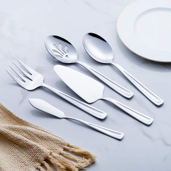 UYGDUY-Hostess Serving Utensil Set, 5-Piece Stainless Steel Flatware Silverware Serving Set, Include Pie Server, Serving Spoon, Slotted Serving Spoon, Serving Fork and Spreader Knife