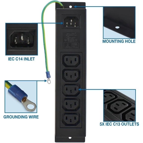 UYGDUY-IEC Power Strip with 5 C13 Outlets & C14 Inlet, Rack Mount Server PDU, Heat-Resistant ABS, with Grounding Wire Out