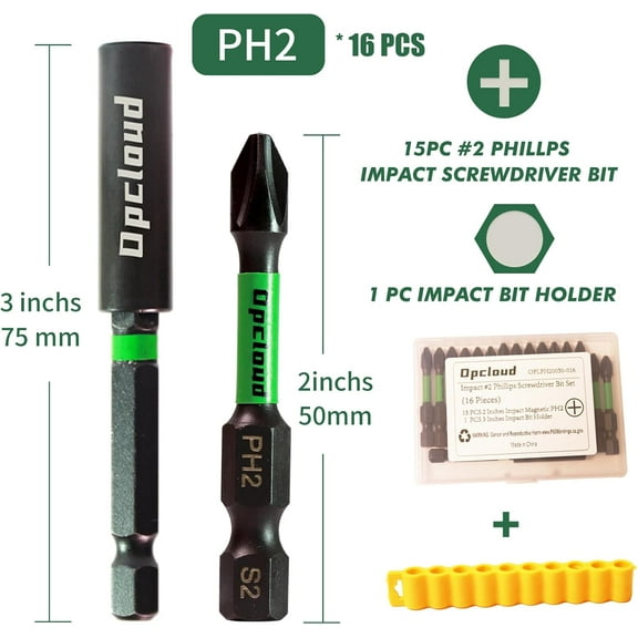 UYGDUY-Impact #2 Phillips Screwdriver Bit Set, 16 Pieces 2S2 Steel Magnetic PH2 Tips Driver Power Bit Set with Extension Impact Bit Holder