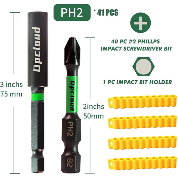UYGDUY-Impact #2 Phillips Screwdriver Bit Set, 41 Pieces 2S2 Steel Magnetic PH2 Tips Driver Power Bit Set with Extension Impact Bit Holder