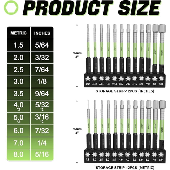 UYGDUY-Impact Hex Head Allen Wrench Drill Bit Set, 24PCS, 3-inch (Metric & SAE), S2 Steel 1/4" Hex-Shank CNC Machined Magnetic Screwdriver Bit Set