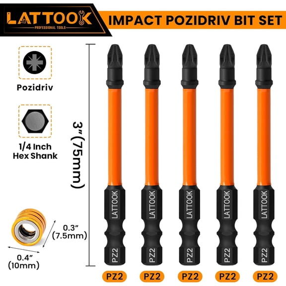 UYGDUY-Impact Pozidriv Bit Set, 5-Pieces Anti Slip PZ2 Pozi Bit Set, S2 Steel Pozidriv Screwdriver with Magnetic Ring, 3'' Long