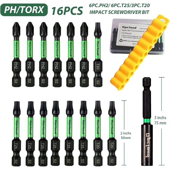 UYGDUY-Impact Screwdriver Bit Set, 16 Pieces 2 Phillips/Torx Tips S2 Steel Magnetic Driver Power Bit Set with Extension Impact Bit Holder