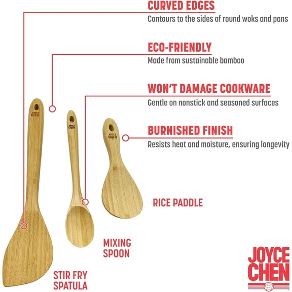UYGDUY-Joyce Chen Burnished Bamboo Wok Utensils, 3-Piece Stir Fry Set