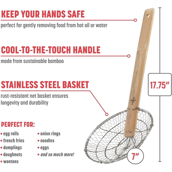 UYGDUY-Joyce Chen Kitchen Spider Strainer Stainless Steel 7-Inch Wire Basket with Heat-Resistant Bamboo Handle
