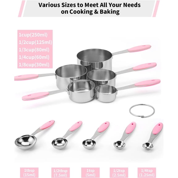 UYGDUY-Joyhill Stainless Steel Measuring Cups and Spoons Set of 10 Piece, Nesting Metal Measuring Cups Set with Soft Touch Silicone Handles for Dry and Liquid Ingredients, Cooking & Baking (Pink)