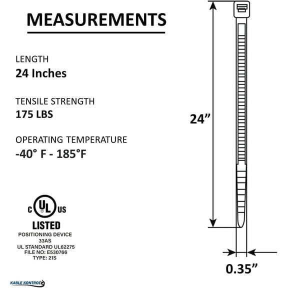 UYGDUY-Kable Kontrol Heavy Duty Cable Zip Ties 50 Pcs 24 Inch, Natural White, 175 Lbs Tensile Strength, Self-locking Nylon Clear Plastic Wire Ties wraps for Indoor or Outdoor Use