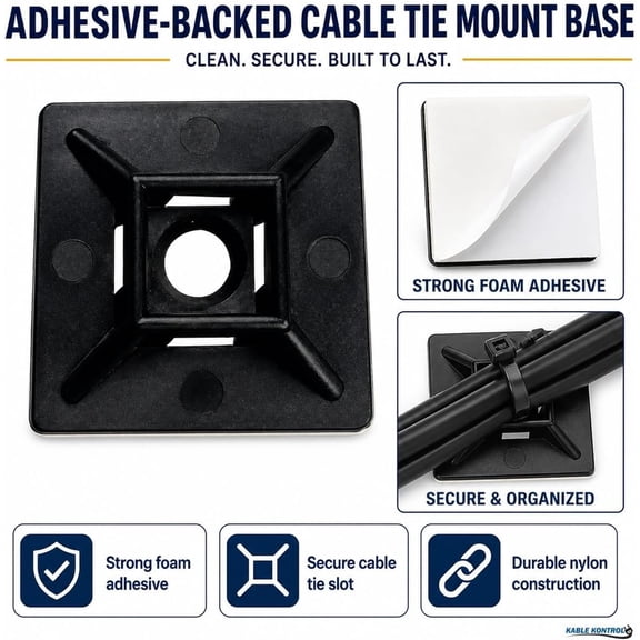 UYGDUY-Kable Kontrol Zip Tie Mounts, 1 Sq, Black, 100 Pcs, Adhesive Backed Multi-Purpose UV-Resistant Mounting Squares Nylon Cable Tie Wrap Anchor Pads for Cable Management