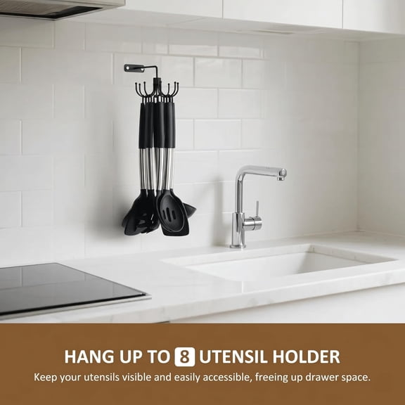 UYGDUY-Kitchen Cooking Utensil Holder, 360 Rotating Kitchen Hooks for Hanging Utensils, Heavy Duty Metal Utensil Rack with 8 Storage Capacity for Utensil, Towel, Pot, Glove, Aprons, Black
