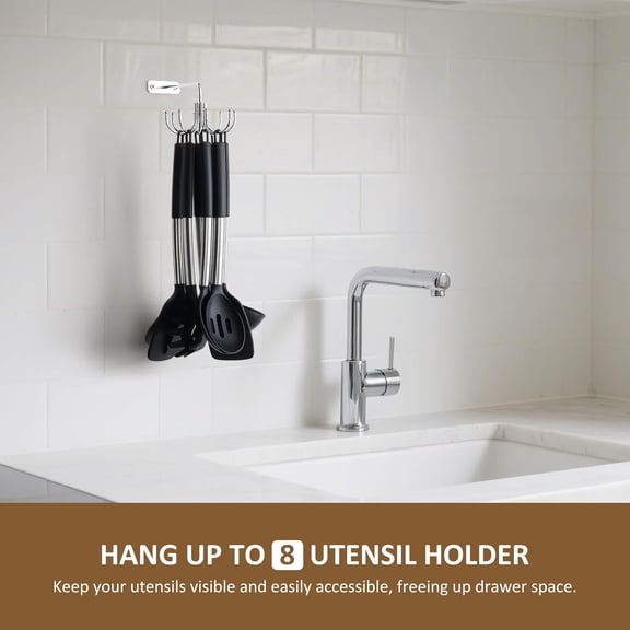 UYGDUY-Kitchen Cooking Utensil Holder, 360 Rotating Kitchen Hooks for Hanging Utensils, Heavy Duty Metal Utensil Rack with 8 Storage Capacity for Utensil, Towel, Pot, Glove, Aprons, Silver