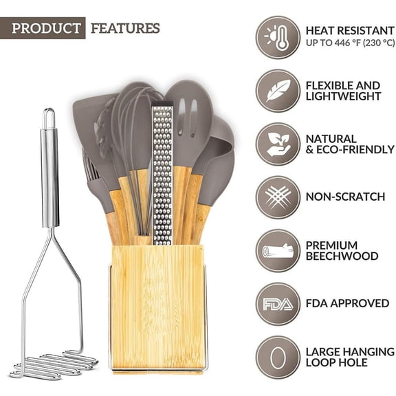 UYGDUY-Kitchen Cooking Utensils Set, 13 pcs Non-Stick Silicone Cooking Kitchen Utensils Spatula Set with Holder, Bamboo Handle Silicone Kitchen Gadgets Utensil Set for Nonstick Cookware