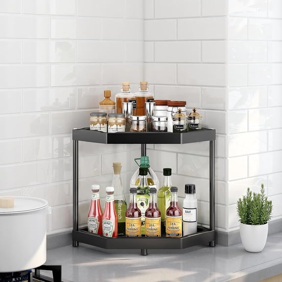 UYGDUY-Kitchen Corner Shelf Countertop 2 Tier Bathroom Counter Organizer Cabinet Corner Storage Shelf Spice Rack Makeup Organizer Under Sink Organizer Black