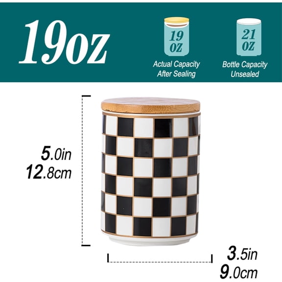 UYGDUY-Kitchen Countertop Ceramic Checkered Canisters,Black And White Food Storage Containers With Lid,Airtight Kitchen Canisters for Flour, Sugar, Coffee, Tea, and Dry Goods (Black, Small)