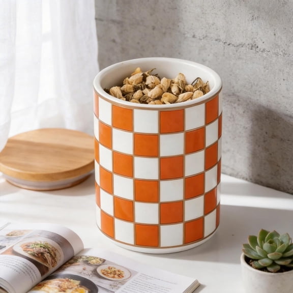 UYGDUY-Kitchen Countertop Ceramic Checkered Canisters,Black And White Food Storage Containers With Lid,Airtight Kitchen Canisters for Flour, Sugar, Coffee, Tea, and Dry Goods (Orange, Small)