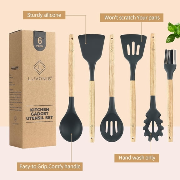 UYGDUY-Kitchen Utensils Set 6 PCS, Non-Toxic Cooking Utensils with Heat-Resistant Silicone Spatula, Large Serving & Slotted Spoon, Flexible Spatulas, Brush and Spaghetti Rake - Ideal Starter Set
