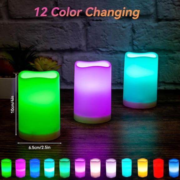 UYGDUY-LED Flickering Flameless Candles with Color Changing, Remote Control and Auto-Off Timer, 100 Hours Working Time, Battery-Operated.Multi-Color(Multi-Colored, 4(h)*2.5(d) in_3 Pack)
