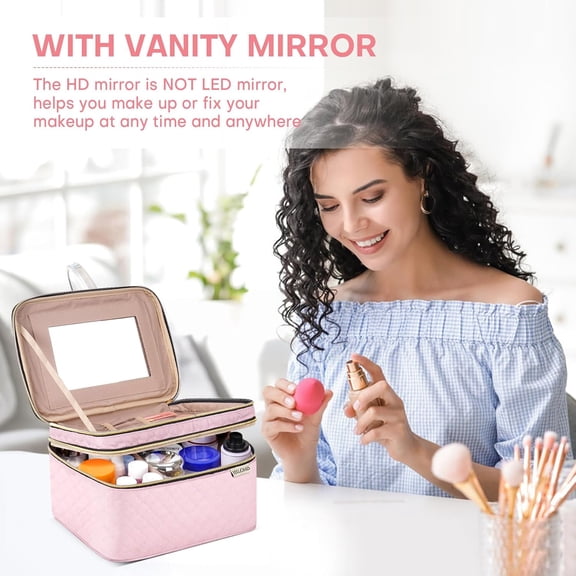 UYGDUY-Large Makeup Bag with Mirror Double Layer Travel Make Up Organizer Case, Large Capacity Coemetic with Brush Slot Divider, Travel Toiletry Bag for Women (Pink)