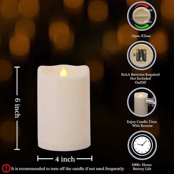 UYGDUY-Large Outdoor Waterproof Flameless Candles with Remote and Timers, Battery Operated LED Flickering Pillar Candles, Long-Lasting, Ivory Plastic, D 4" x H 6", 1 Pack