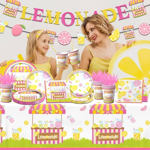 UYGDUY-Lemon Party Decorations, 142Pcs Pink Lemonade Party Decorations Tableware Set Includes Lemonade Plates,Napkins,Cups,Banner,Tablecloth for Lemon Birthday Summer Fruit Theme Birthday Party Suppl