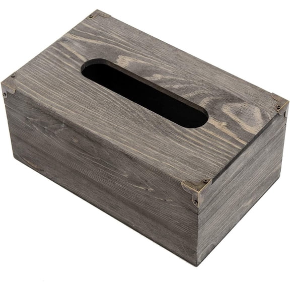UYGDUY-Liry Products Rustic Gray Distressed Wood Facial Tissue Paper Box Metal Corner Brackets Hinge Lid Top Cover Torched Wooden Holder Standard Size Rectangular Napkin Dispenser Bathroom Kitchen Be