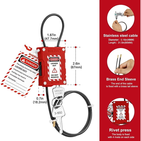 UYGDUY-Lockout Tagout Cable Locks with 2 Keys | OSHA Compliant Adjustable 0.16"x78.7" PVC Steel Cable | for Valves, Panels & Machinery | Nylon PA66 Loto Padlock with 3 Tags