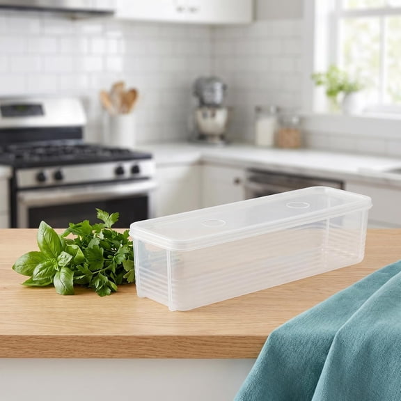 UYGDUY-Long Plastic Food Storage Container with Lid for Scallions, Cilantro, Green Onions - Stackable, Airtight Clear Rectangular Food Container for Kitchen Fridge, 12x3.14x3 Inch