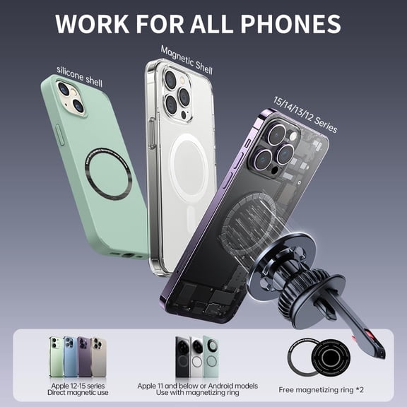 UYGDUY-Magnetic Car Phone Holder, Air Vent Mount with 21 N55 Magnets & Nano Gel, 360 Rotatable Ultra-Strong Holder for All Phones, Compatible with MagSafe and Android, Metal Rings Included