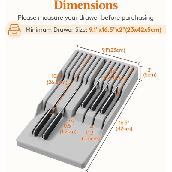 UYGDUY-Magnetic Drawer Knife Organizers Insert, Kitchen Plastic In Drawer Knife Block Slots, Steak Chefs Knives Holder Storage Sets for 12 Knives and 1 Sharpening Steel, Large, Gray