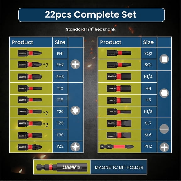 UYGDUY-Magnetic Screwdriver Bit Set, S2 Steel Construction, 1/4-Inch Hex Shank, PH/T/Torx/SQ/PZ/H/SL Bits, 25mm and 50mm Length, with Magnetic Bit Holder (Red, 22 Pieces)