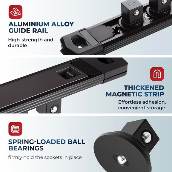 UYGDUY-Magnetic Socket Organizer, 1/4" Drive Aluminum Alloy Socket Rail, Heavy Duty Magnetic Socket Holder with 14PC 360 Swivel Removable Clips, Magnetic Socket Rack for Tool Box Drawer, Black