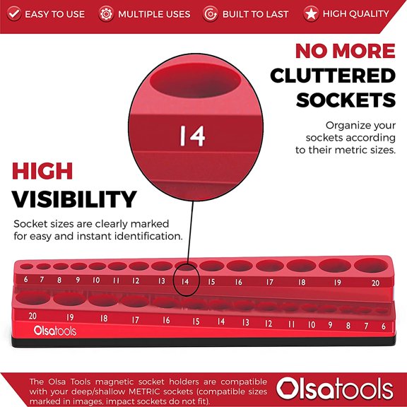 UYGDUY-Magnetic Socket Organizer - 3/8-Inch Drive Metric Socket Holder with Strong Magnets - Professional Tool Holder and Organizer - Stores up to 30 Sockets - Red - Part: 1300