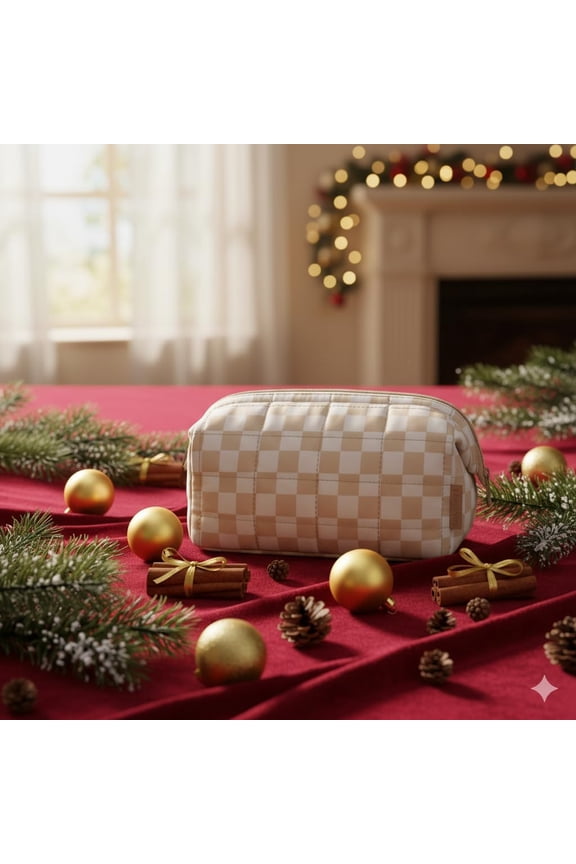 -Makeup Bag Travel Toiletry Bag, Puffy Padded Make Up Bags for Women Makeup Organizer Case, Wide-open Pouch Purse Travel Essentials Toiletries Accessories Brushes, Checkered Khaki