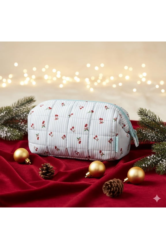 -Makeup Bag Travel Toiletry Bag, Puffy Padded Make Up Bags for Women Makeup Organizer Case, Wide-open Pouch Purse Travel Essentials Toiletries Accessories Brushes, Ditsy Cherry