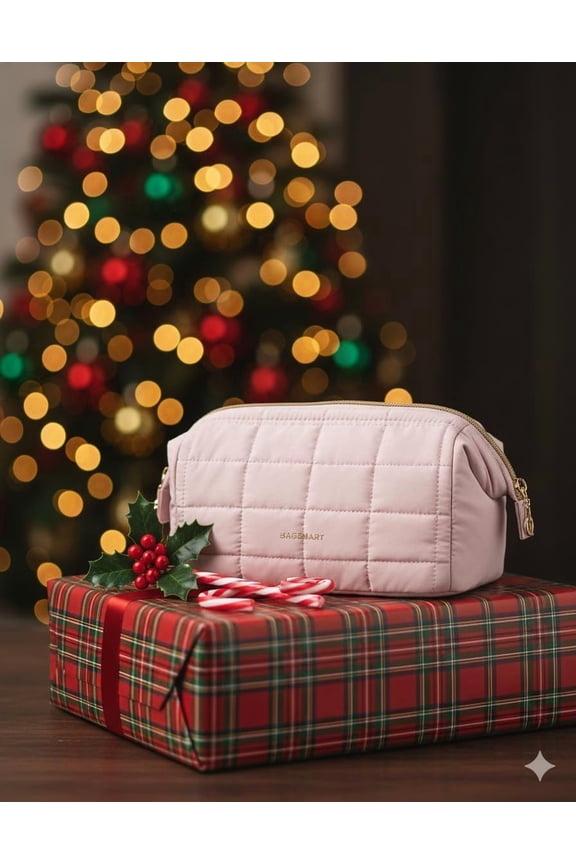 -Makeup Bag Travel Toiletry Bag, Puffy Padded Make Up Bags for Women Makeup Organizer Case, Wide-open Pouch Purse Travel Essentials Toiletries Accessories Brushes, Pink