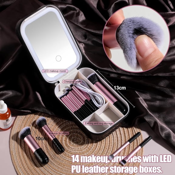 UYGDUY-Makeup Brushes Set 14 Pcs with LED Light Mirror Premium Cosmetic Tools for Flawless Beauty Routines (Black)