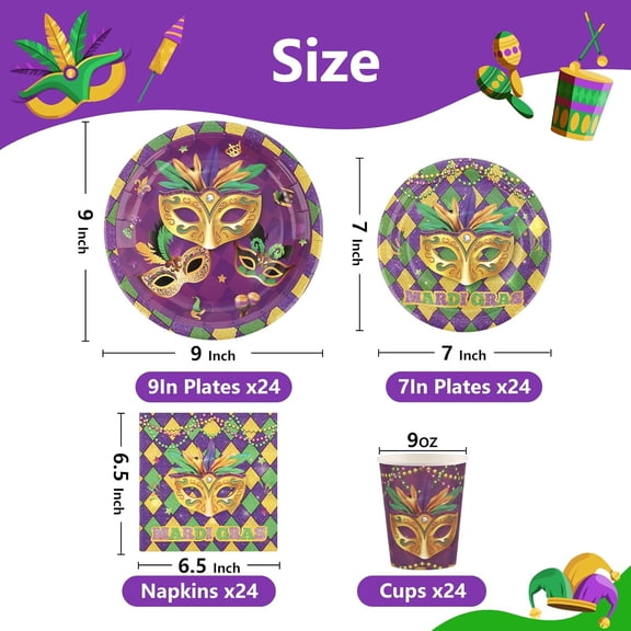 UYGDUY-Mardi Gras Decorations Party Supplies Set for 24-Disposable Paper Plates and Napkins, Cups, New Orleans Masquerade Beads Holiday Tableware Party Decorations for Fat Tuesday Party Table Decor