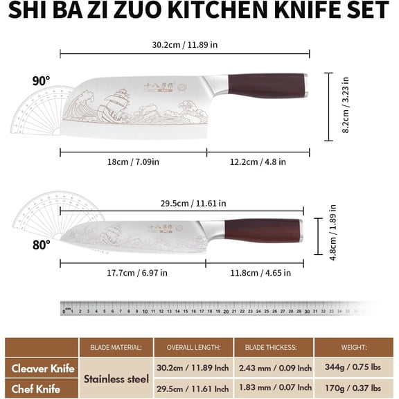 UYGDUY-Meat Cleaver Set Chinese Style Patterns 7.09&6.97" Chef Knife Stainless Steel Professional Kitchen Cleaver And Santoku Knife (Kitchen Knife Set 2 Pcs)