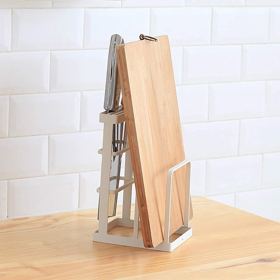 UYGDUY-Metal Knife Block Without Knives, Multifunctional Knife Holder with 2 Layers Cutting Board Rack Dish Rack, Kitchen Storage Organizer,White