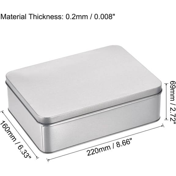 UYGDUY-Metal Tin Box, 8.66" x 6.3" x 2.72" Rectangular Empty Tinplate Storage Containers with Lids, Silver Tone