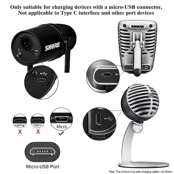 UYGDUY-Micro USB Charging Cord Fit for Shure MV7, MV88+, MV5, MV51, MV5C USB Microphone and Other Micro USB Port Device Charger Cable Replacement