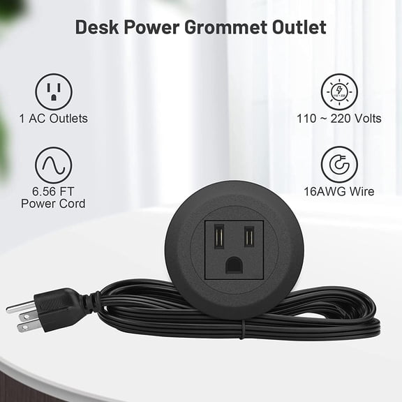 UYGDUY-Mini Desktop Power Hub Grommet Socket, Flush-Mount Desk Outlet Build-in 1 US Standard Outlet with 6.56 FT Extension Power Cord, Recessed Power Strip Socket for Desk Nightstand Cabinet Counter