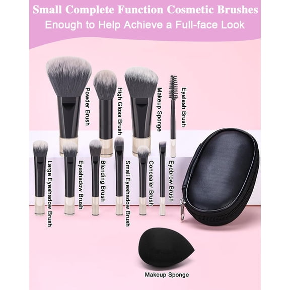 UYGDUY-Mini Travel Makeup Brushes Portable Set, 14 Pieces, Full Complete Function Cosmetic Kit with Brush Pouch, On the Go Short Makeup Brush Small Travel Essentials for Women, Girls (Black)