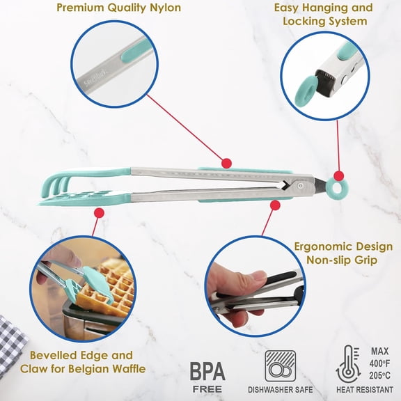 UYGDUY-Mini Waffle Tongs by Green  10 Inches Silicone and Nylon Serving Tongs with Non-Slip Smooth Handles, Non-Scratch and Dishwasher Safe, Multipurpose Spatula Tongs for Belgian Waffle Servi