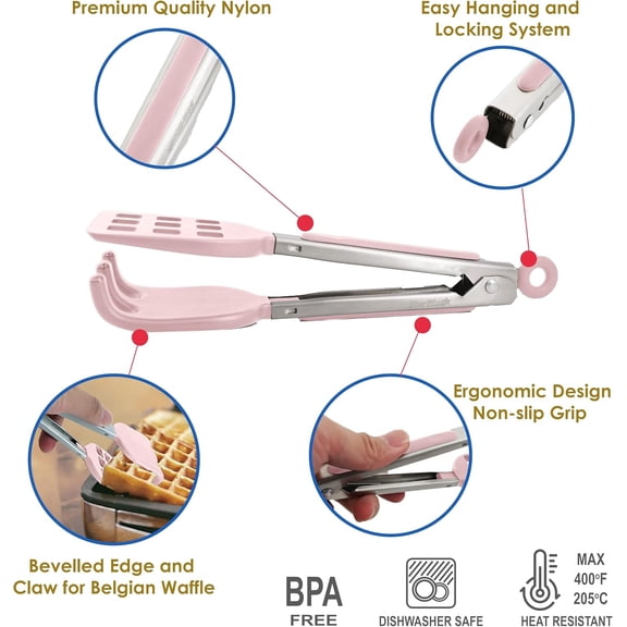 UYGDUY-Mini Waffle Tongs by Pink  8 Inches Silicone and Nylon Serving Tongs with Non-Slip Smooth Handles, Non-Scratch and Dishwasher Safe, Multipurpose Spatula for Belgian Waffle Serving