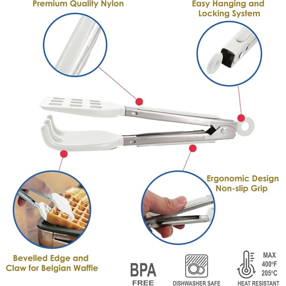 UYGDUY-Mini Waffle Tongs by White  8 Inches Silicone and Nylon Serving Tongs with Non-Slip Smooth Handles, Non-Scratch and Dishwasher Safe, Multipurpose Spatula Tongs for Belgian Waffle Servin